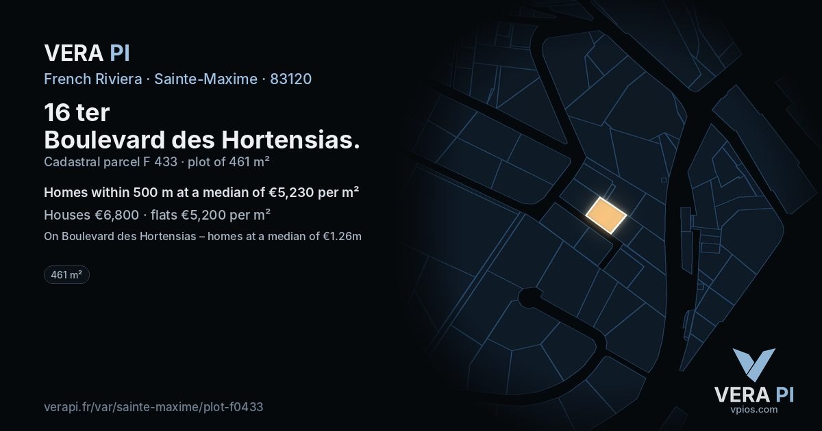 16 ter Boulevard des Hortensias, Sainte-Maxime at night – the plot lit, the parcels around coloured by the prices near them