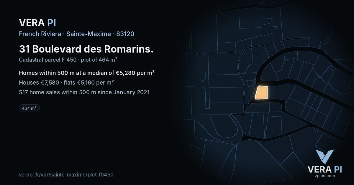 31 Boulevard des Romarins, Sainte-Maxime at night – the plot lit, the parcels around coloured by the prices near them