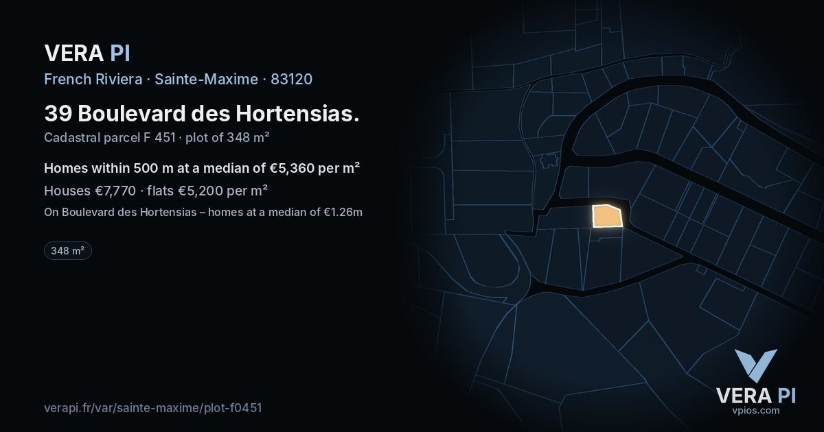 39 Boulevard des Hortensias, Sainte-Maxime at night – the plot lit, the parcels around coloured by the prices near them