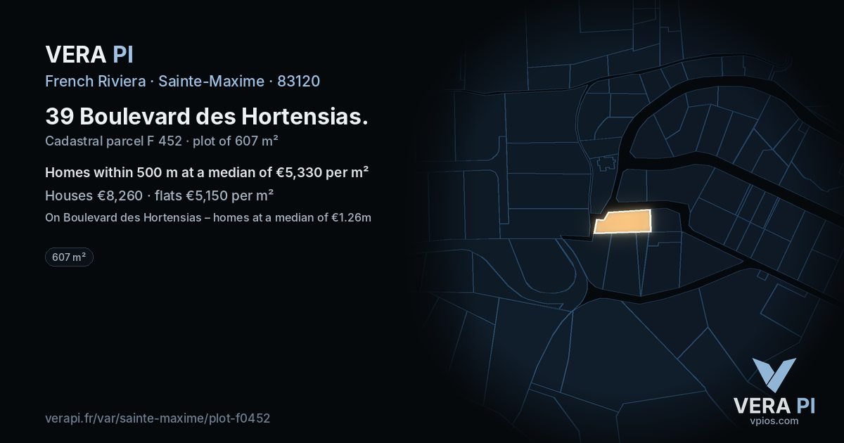 39 Boulevard des Hortensias, Sainte-Maxime at night – the plot lit, the parcels around coloured by the prices near them