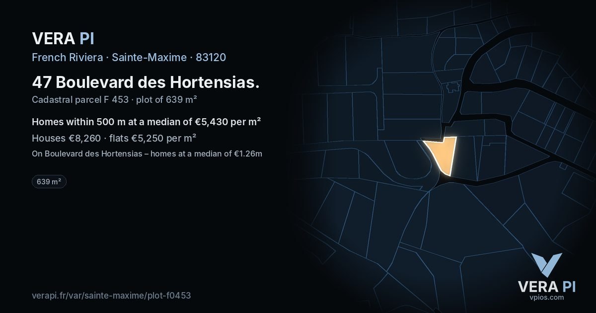 47 Boulevard des Hortensias, Sainte-Maxime at night – the plot lit, the parcels around coloured by the prices near them