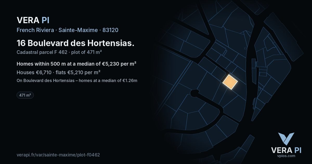 16 Boulevard des Hortensias, Sainte-Maxime at night – the plot lit, the parcels around coloured by the prices near them