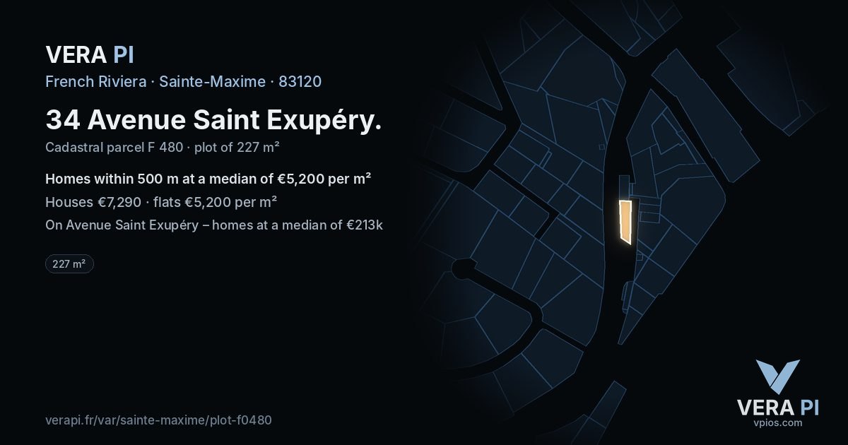 34 Avenue Saint Exupéry, Sainte-Maxime at night – the plot lit, the parcels around coloured by the prices near them
