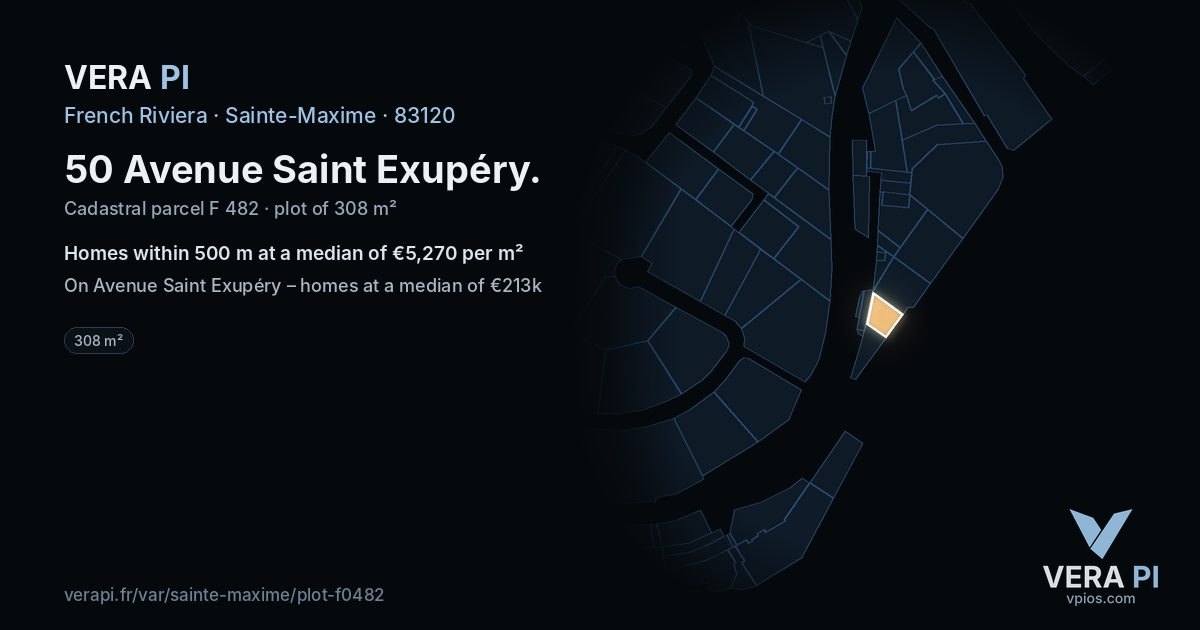 50 Avenue Saint Exupéry, Sainte-Maxime at night – the plot lit, the parcels around coloured by the prices near them