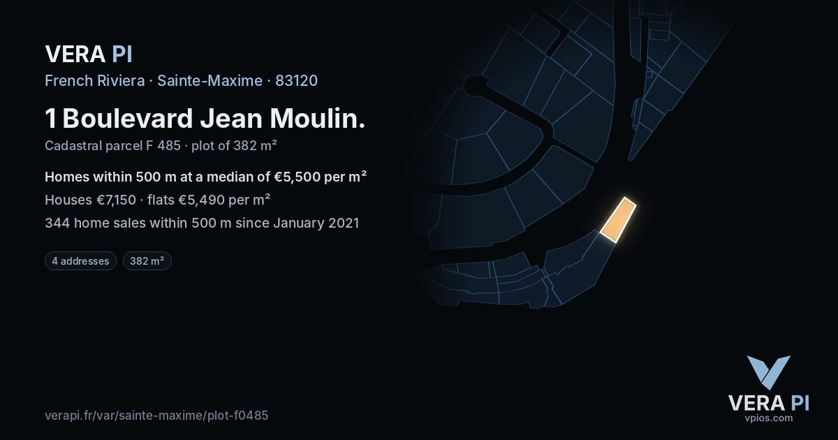 1 Boulevard Jean Moulin, Sainte-Maxime at night – the plot lit, the parcels around coloured by the prices near them