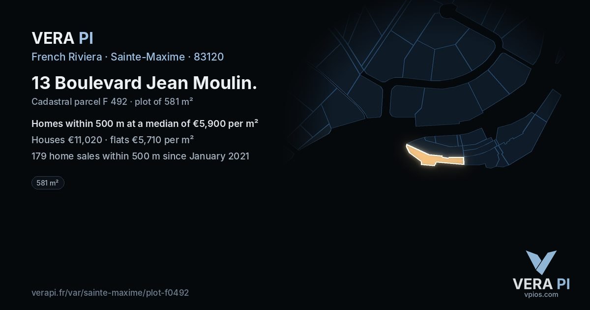 13 Boulevard Jean Moulin, Sainte-Maxime at night – the plot lit, the parcels around coloured by the prices near them