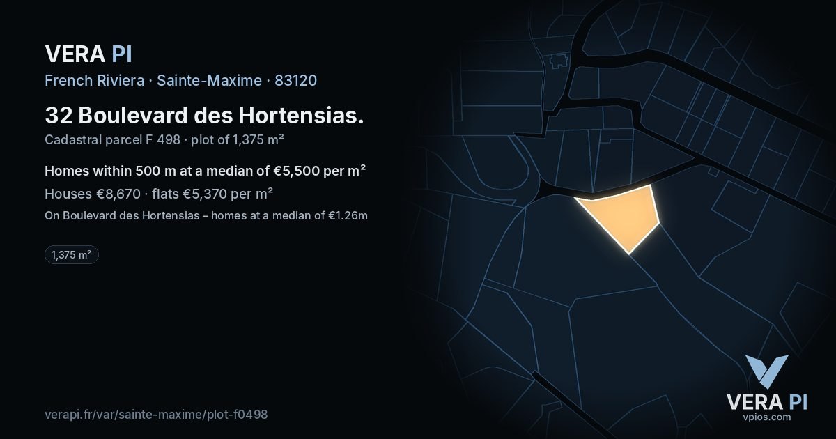 32 Boulevard des Hortensias, Sainte-Maxime at night – the plot lit, the parcels around coloured by the prices near them