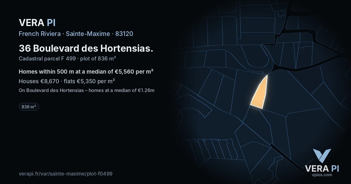36 Boulevard des Hortensias, Sainte-Maxime at night – the plot lit, the parcels around coloured by the prices near them