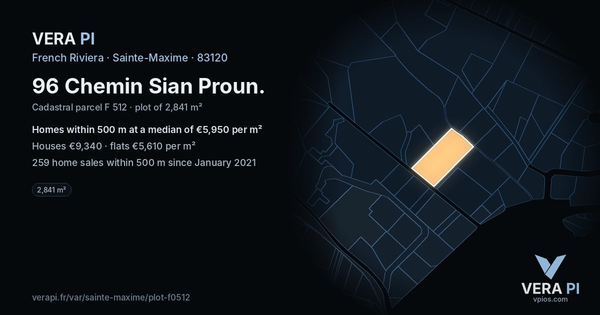 96 Chemin Sian Proun, Sainte-Maxime at night – the plot lit, the parcels around coloured by the prices near them