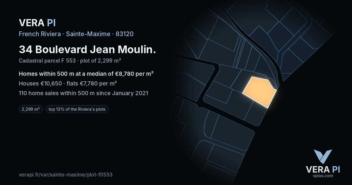 34 Boulevard Jean Moulin, Sainte-Maxime at night – the plot lit, the parcels around coloured by the prices near them