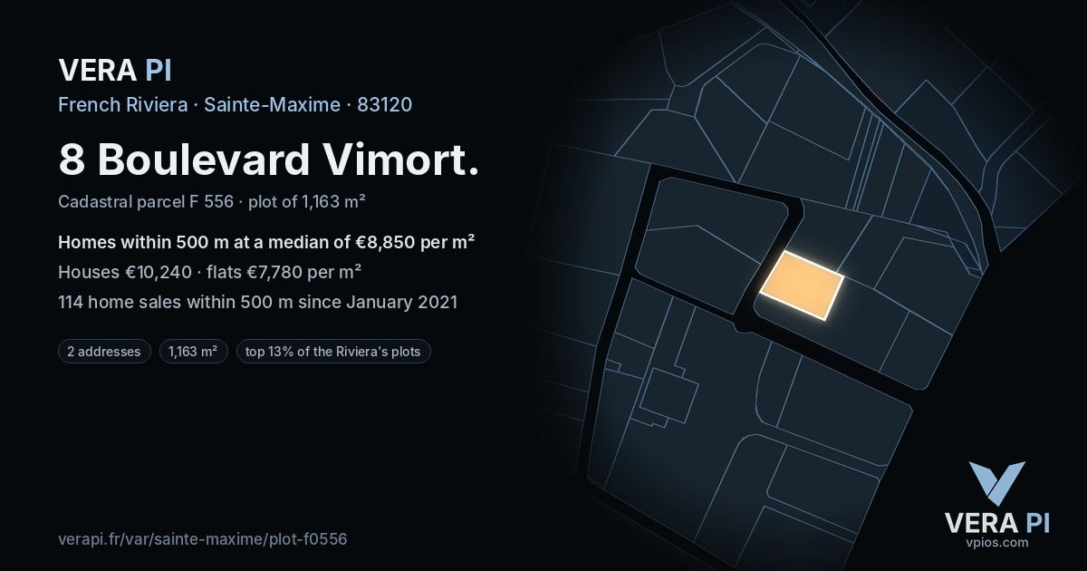 8 Boulevard Vimort, Sainte-Maxime at night – the plot lit, the parcels around coloured by the prices near them