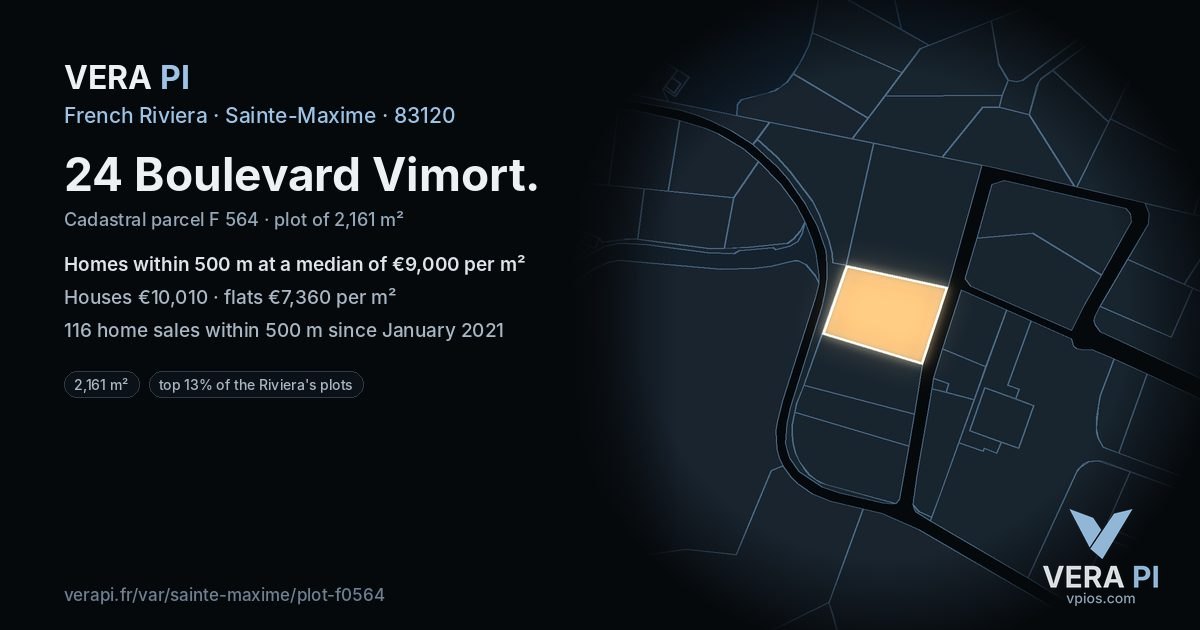 24 Boulevard Vimort, Sainte-Maxime at night – the plot lit, the parcels around coloured by the prices near them