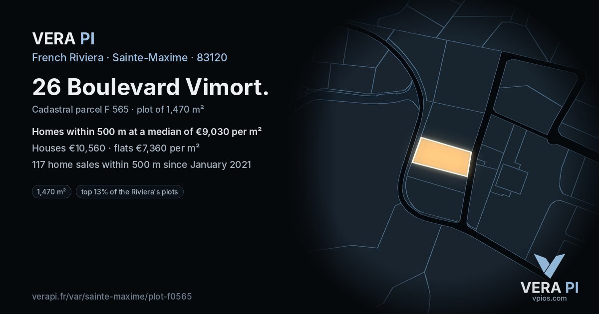 26 Boulevard Vimort, Sainte-Maxime at night – the plot lit, the parcels around coloured by the prices near them