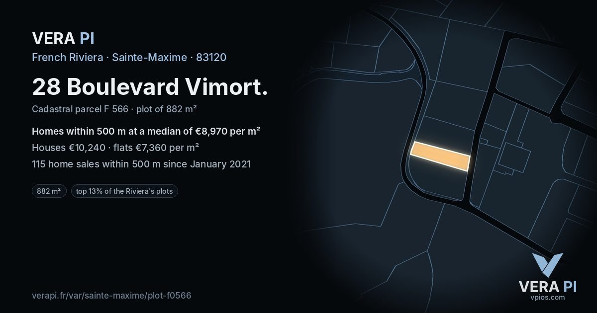 28 Boulevard Vimort, Sainte-Maxime at night – the plot lit, the parcels around coloured by the prices near them