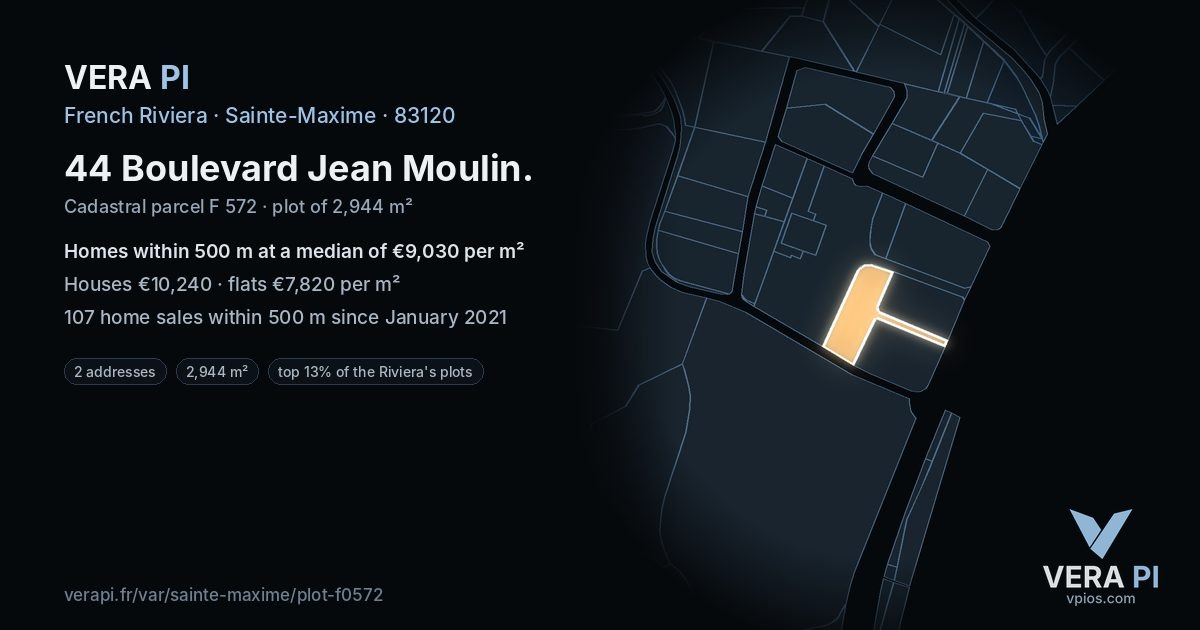 44 Boulevard Jean Moulin, Sainte-Maxime at night – the plot lit, the parcels around coloured by the prices near them