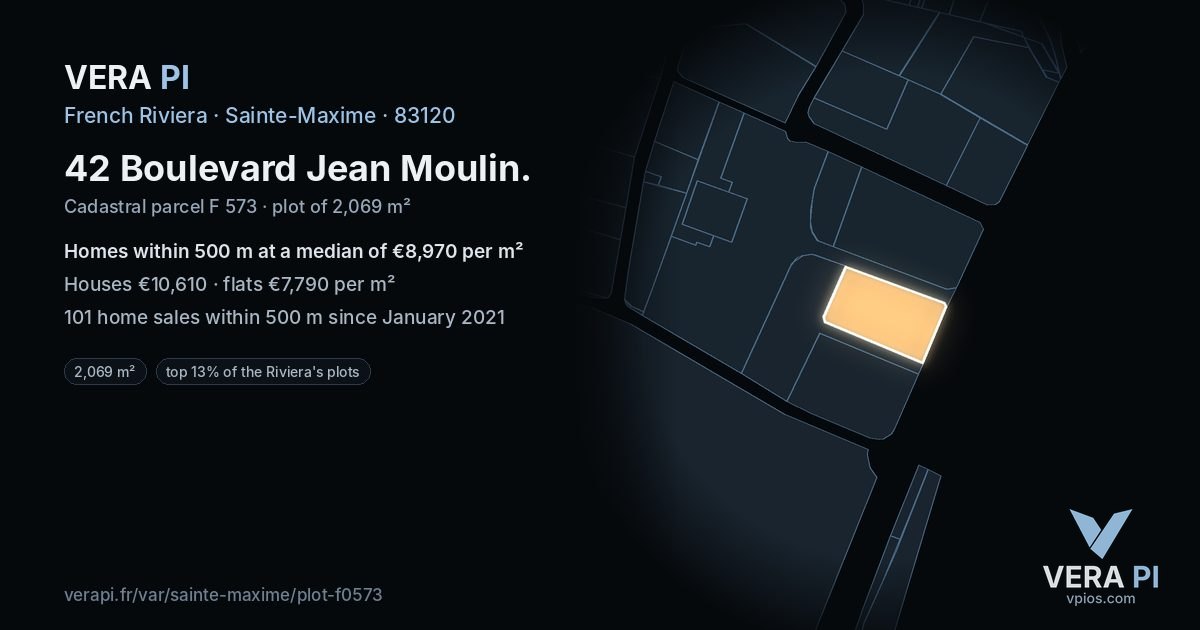 42 Boulevard Jean Moulin, Sainte-Maxime at night – the plot lit, the parcels around coloured by the prices near them