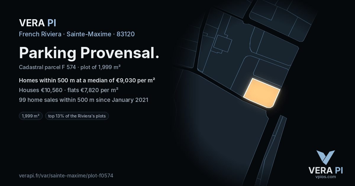 Parking Provensal, Sainte-Maxime at night – the plot lit, the parcels around coloured by the prices near them