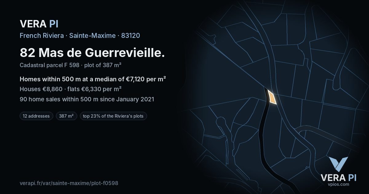 82 Mas de Guerrevieille, Sainte-Maxime at night – the plot lit, the parcels around coloured by the prices near them