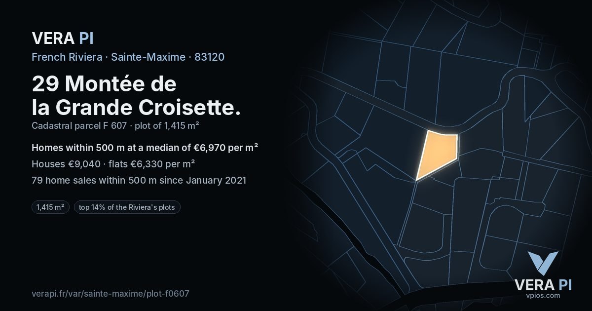29 Montée de la Grande Croisette, Sainte-Maxime at night – the plot lit, the parcels around coloured by the prices near them