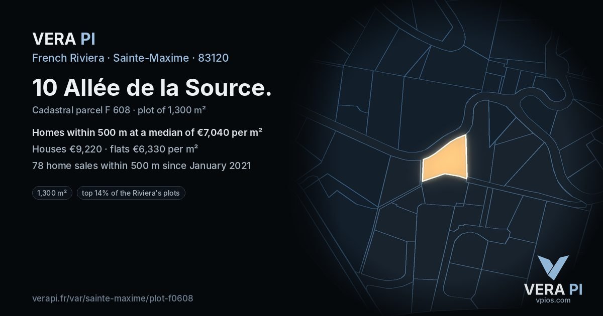 10 Allée de la Source, Sainte-Maxime at night – the plot lit, the parcels around coloured by the prices near them