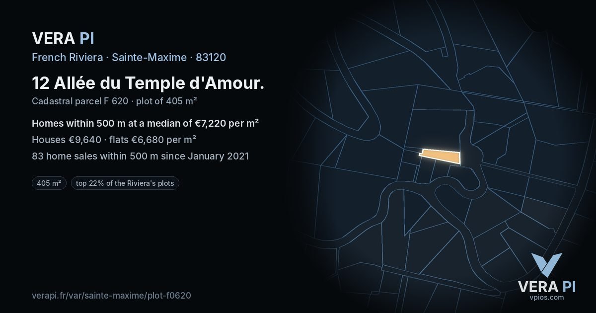 12 Allée du Temple d'Amour, Sainte-Maxime at night – the plot lit, the parcels around coloured by the prices near them