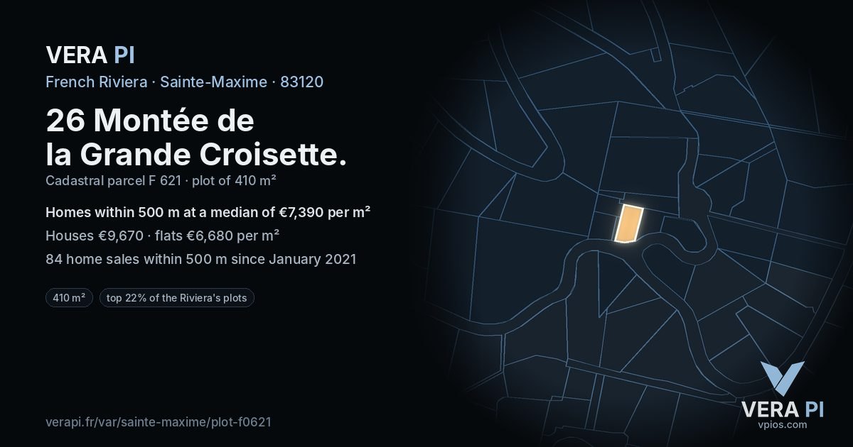 26 Montée de la Grande Croisette, Sainte-Maxime at night – the plot lit, the parcels around coloured by the prices near them