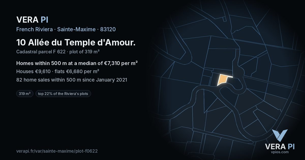 10 Allée du Temple d'Amour, Sainte-Maxime at night – the plot lit, the parcels around coloured by the prices near them