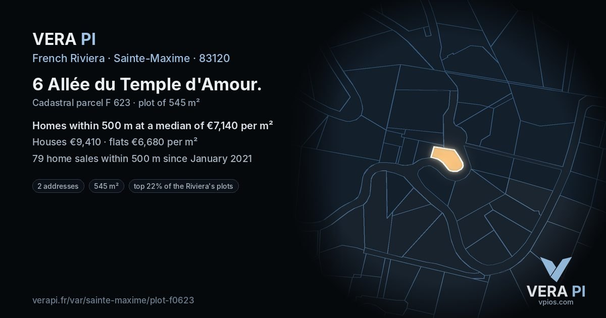 6 Allée du Temple d'Amour, Sainte-Maxime at night – the plot lit, the parcels around coloured by the prices near them