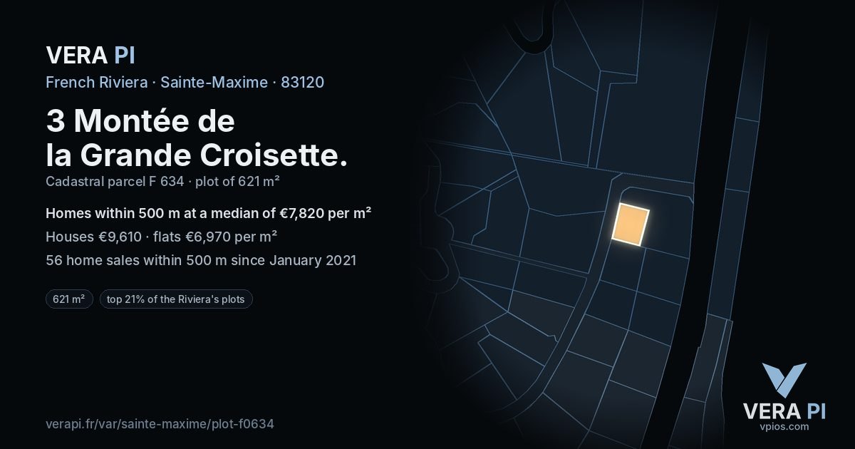 3 Montée de la Grande Croisette, Sainte-Maxime at night – the plot lit, the parcels around coloured by the prices near them