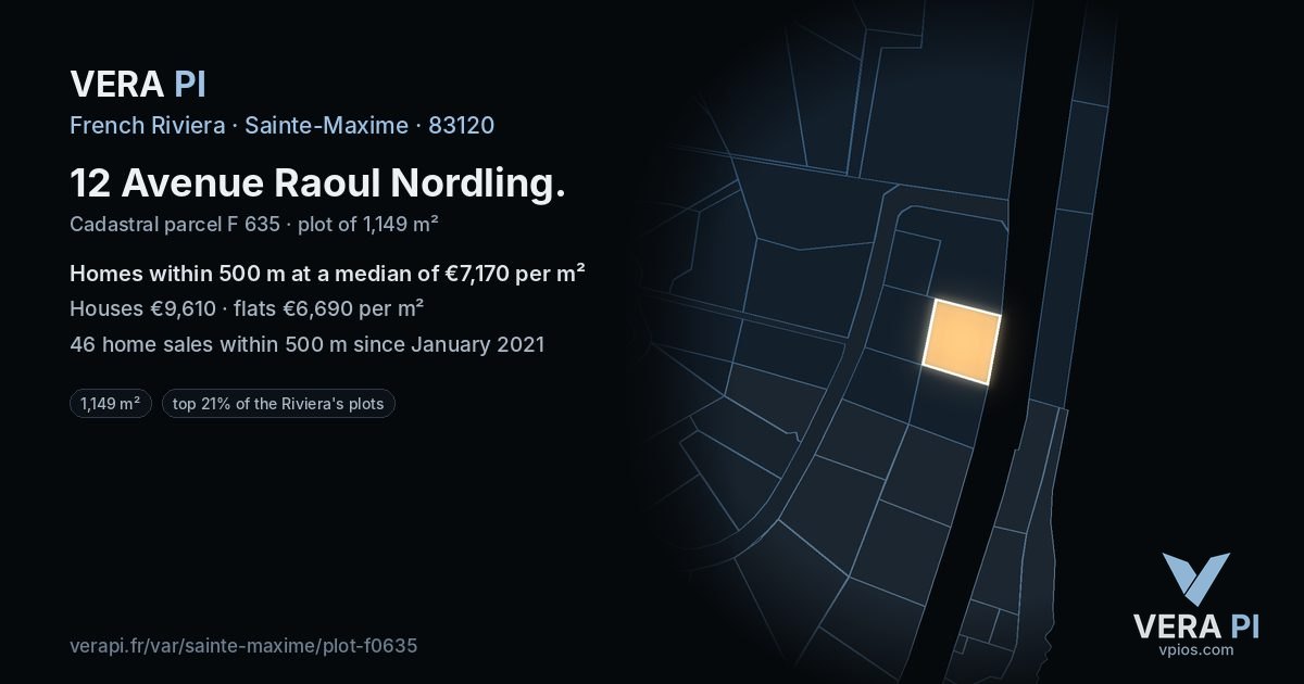 12 Avenue Raoul Nordling, Sainte-Maxime at night – the plot lit, the parcels around coloured by the prices near them