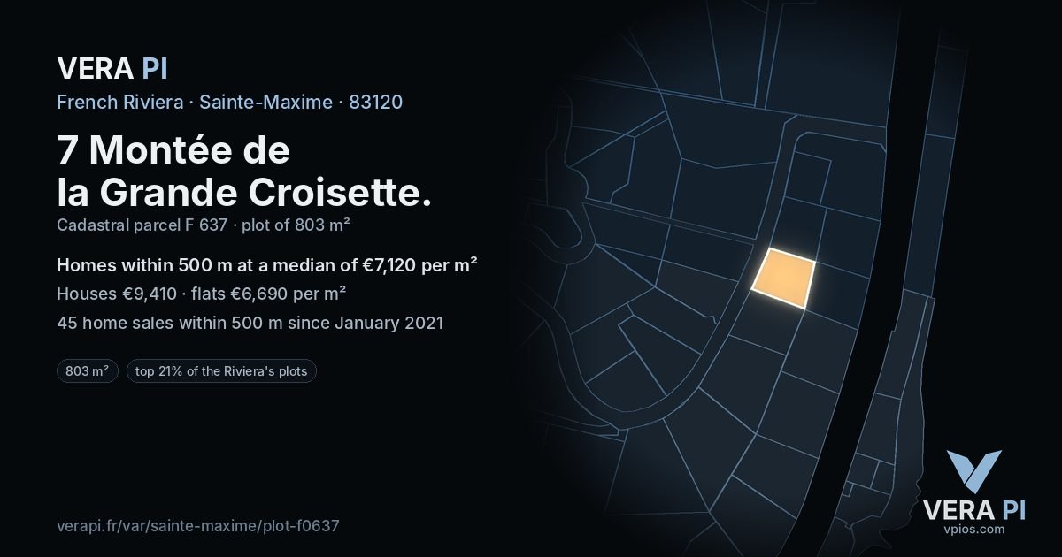 7 Montée de la Grande Croisette, Sainte-Maxime at night – the plot lit, the parcels around coloured by the prices near them
