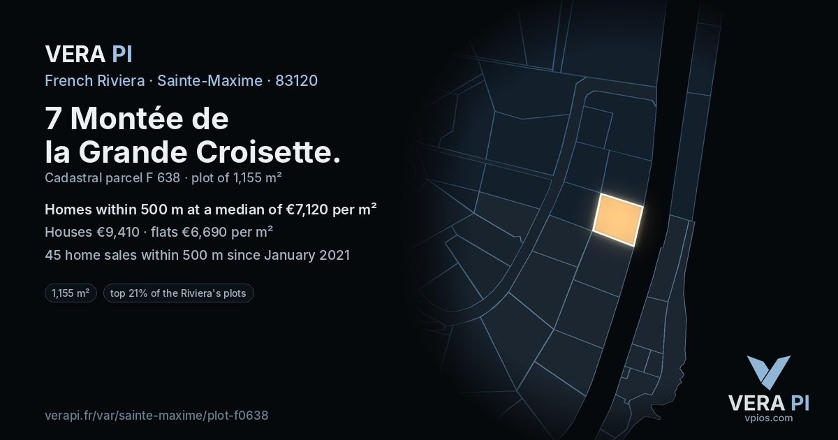 7 Montée de la Grande Croisette, Sainte-Maxime at night – the plot lit, the parcels around coloured by the prices near them