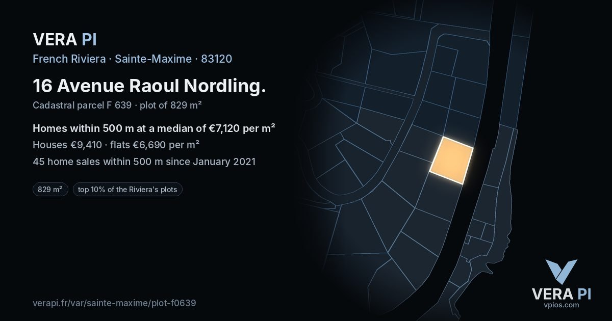 16 Avenue Raoul Nordling, Sainte-Maxime at night – the plot lit, the parcels around coloured by the prices near them