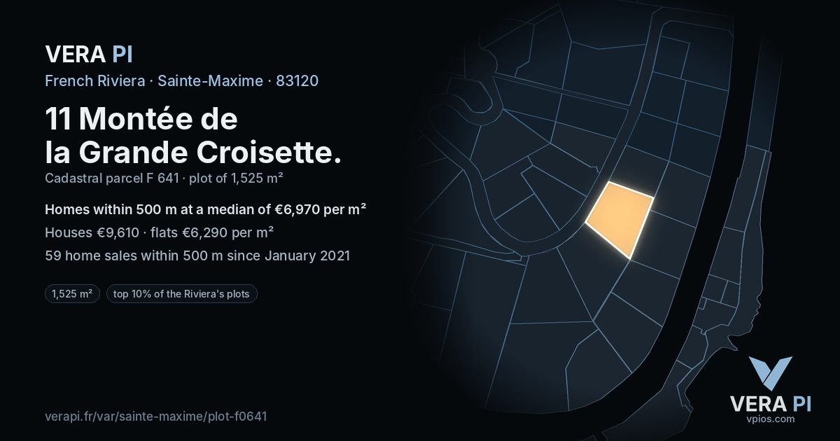 11 Montée de la Grande Croisette, Sainte-Maxime at night – the plot lit, the parcels around coloured by the prices near them