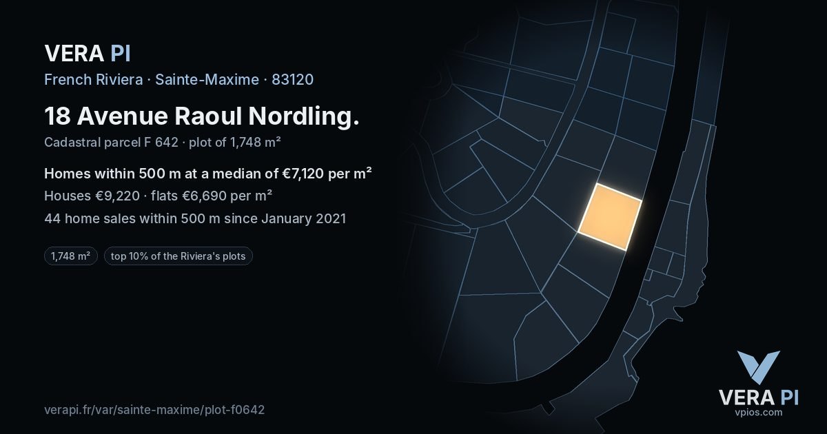 18 Avenue Raoul Nordling, Sainte-Maxime at night – the plot lit, the parcels around coloured by the prices near them