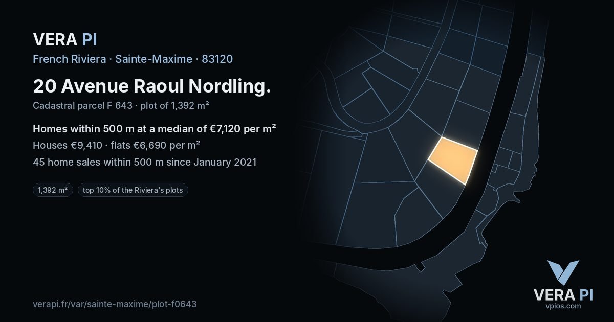 20 Avenue Raoul Nordling, Sainte-Maxime at night – the plot lit, the parcels around coloured by the prices near them
