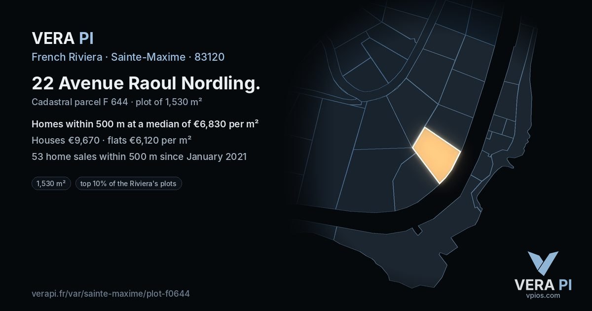 22 Avenue Raoul Nordling, Sainte-Maxime at night – the plot lit, the parcels around coloured by the prices near them