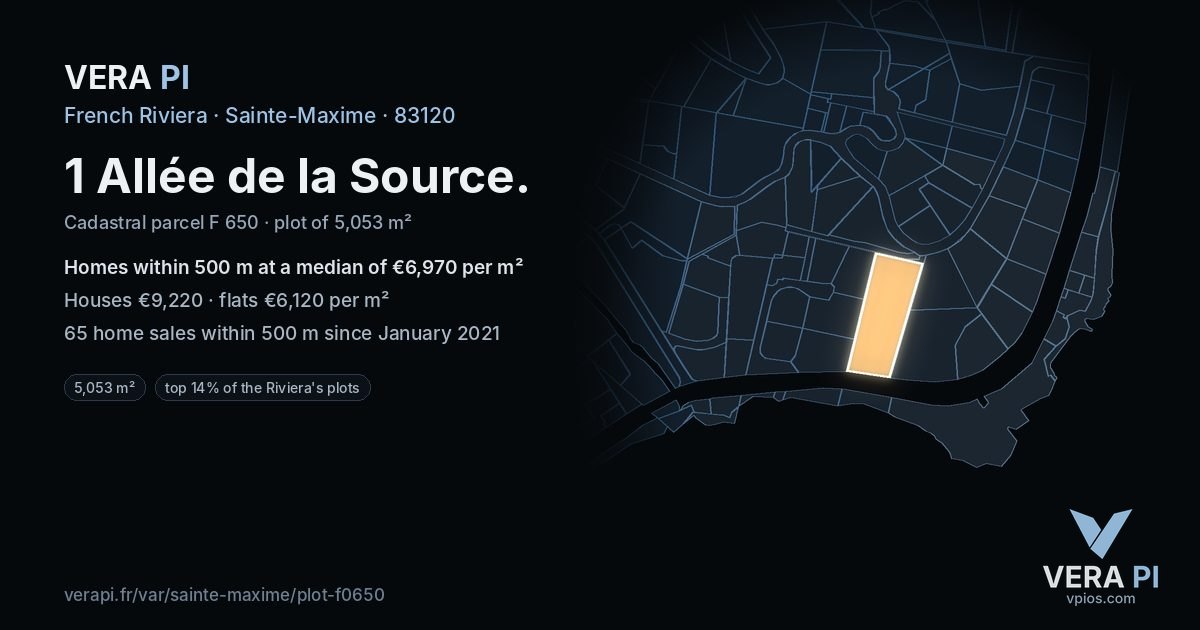 1 Allée de la Source, Sainte-Maxime at night – the plot lit, the parcels around coloured by the prices near them