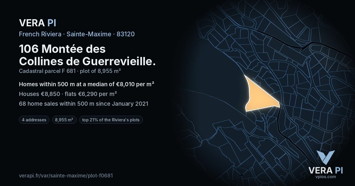 106 Montée des Collines de Guerrevieille, Sainte-Maxime at night – the plot lit, the parcels around coloured by the prices near them