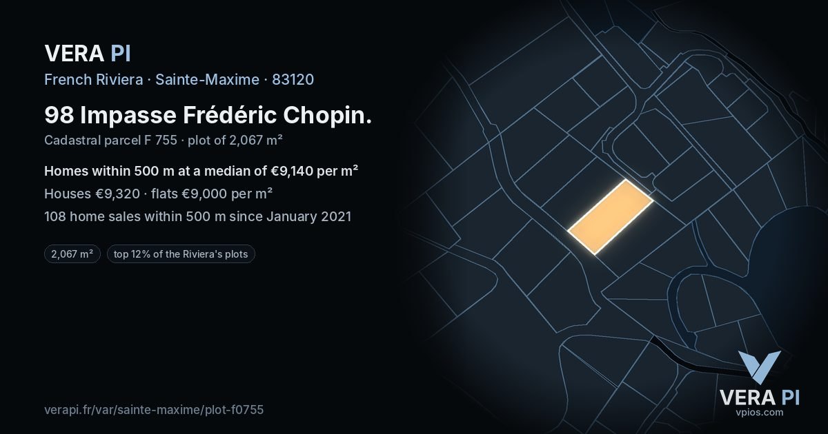 98 Impasse Frédéric Chopin, Sainte-Maxime at night – the plot lit, the parcels around coloured by the prices near them