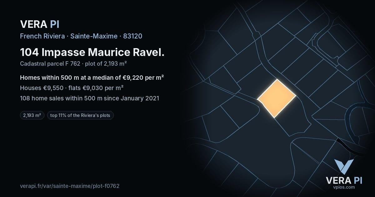 104 Impasse Maurice Ravel, Sainte-Maxime at night – the plot lit, the parcels around coloured by the prices near them