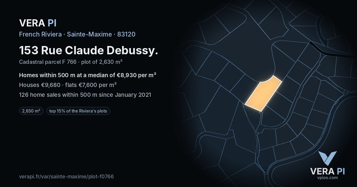 153 Rue Claude Debussy, Sainte-Maxime at night – the plot lit, the parcels around coloured by the prices near them