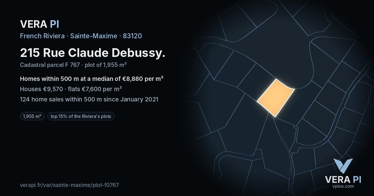 215 Rue Claude Debussy, Sainte-Maxime at night – the plot lit, the parcels around coloured by the prices near them