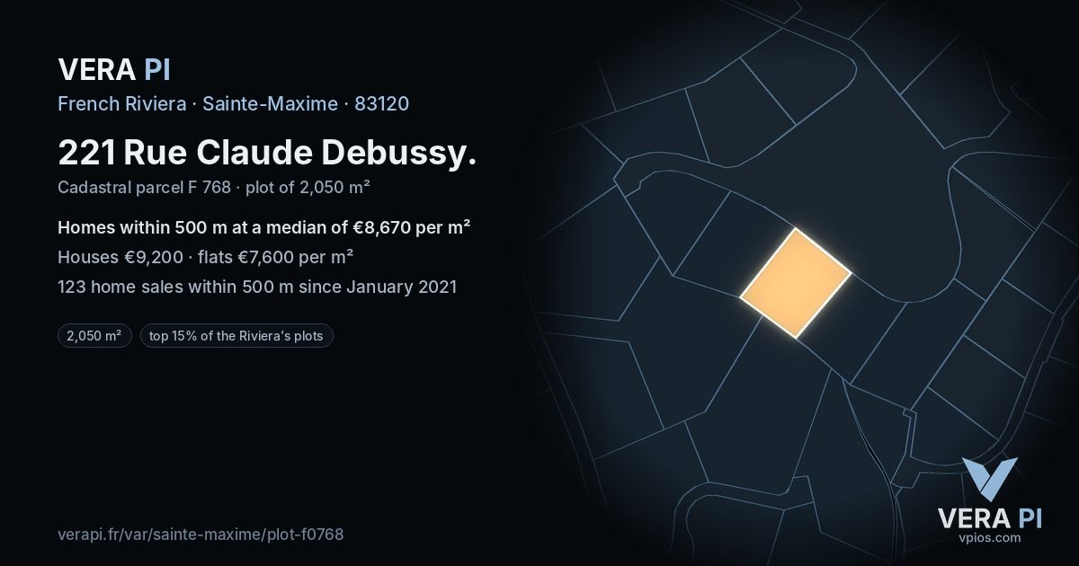 221 Rue Claude Debussy, Sainte-Maxime at night – the plot lit, the parcels around coloured by the prices near them