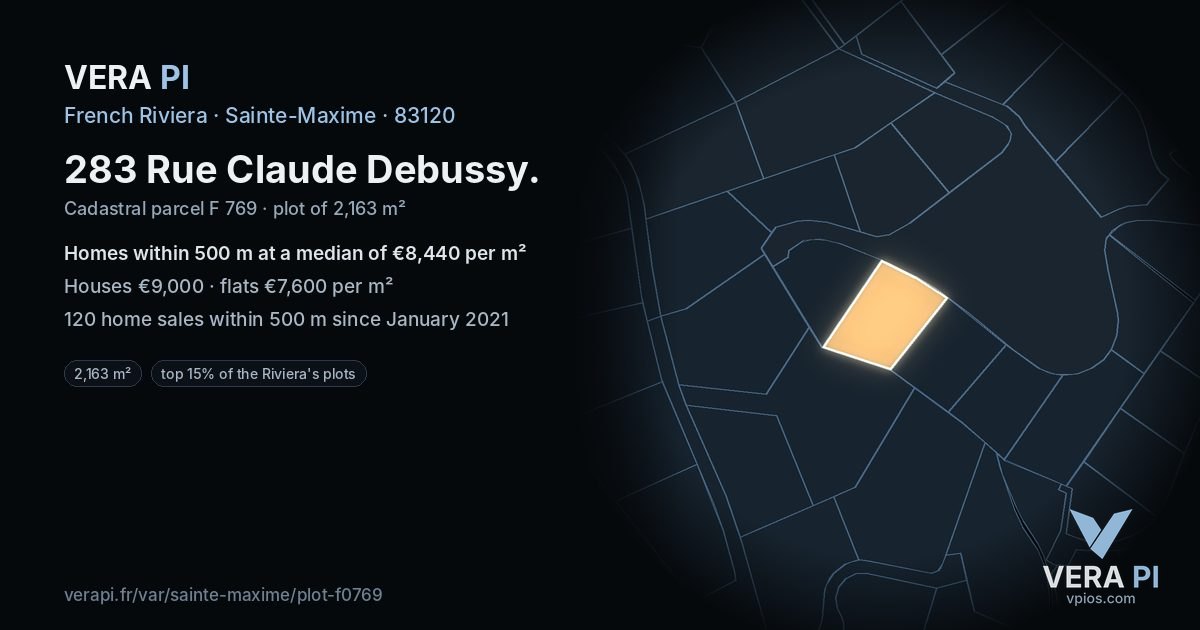 283 Rue Claude Debussy, Sainte-Maxime at night – the plot lit, the parcels around coloured by the prices near them