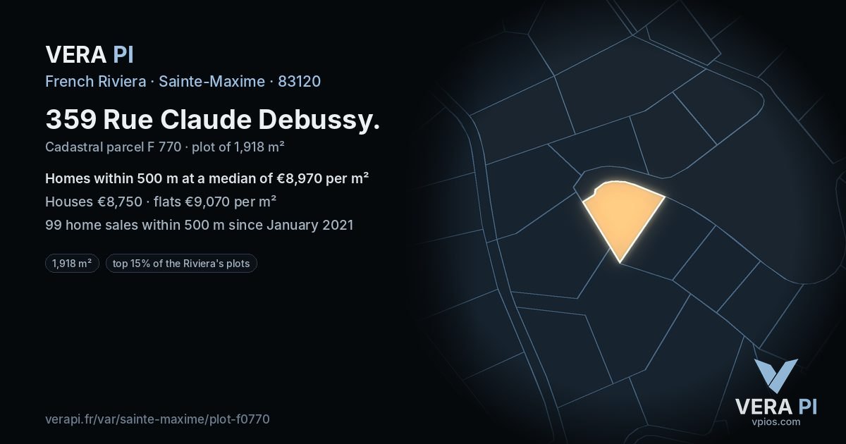 359 Rue Claude Debussy, Sainte-Maxime at night – the plot lit, the parcels around coloured by the prices near them