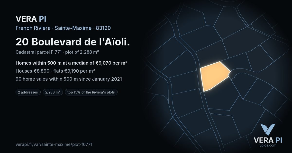 20 Boulevard de l'Aïoli, Sainte-Maxime at night – the plot lit, the parcels around coloured by the prices near them