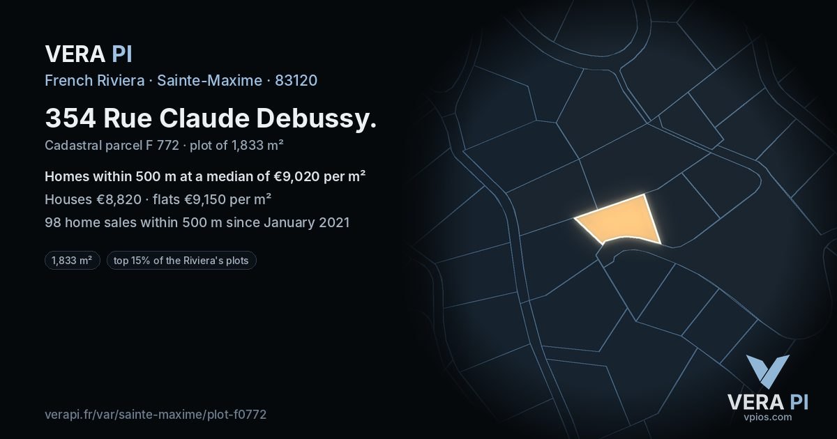 354 Rue Claude Debussy, Sainte-Maxime at night – the plot lit, the parcels around coloured by the prices near them