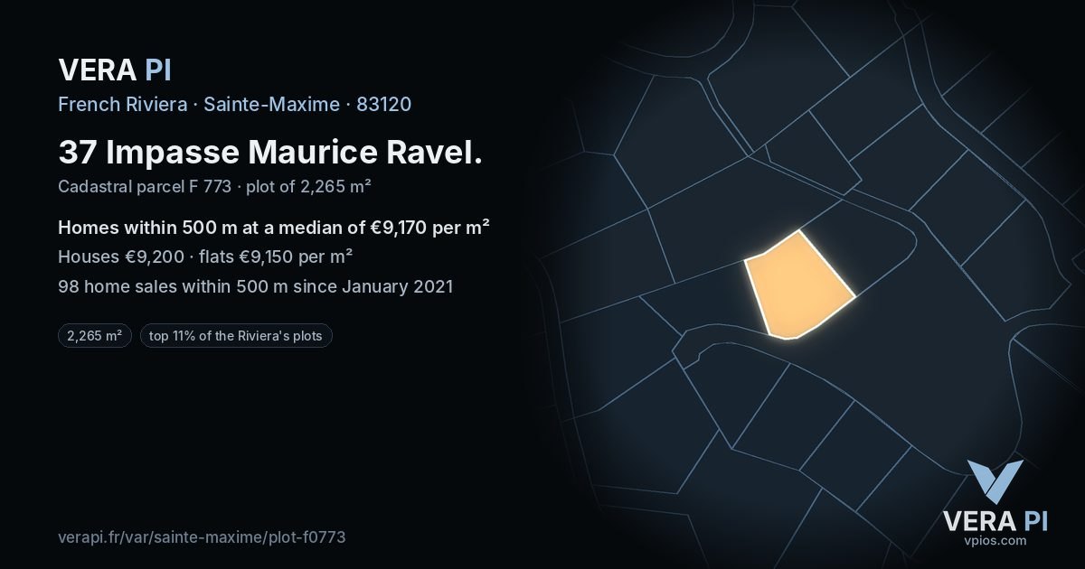 37 Impasse Maurice Ravel, Sainte-Maxime at night – the plot lit, the parcels around coloured by the prices near them
