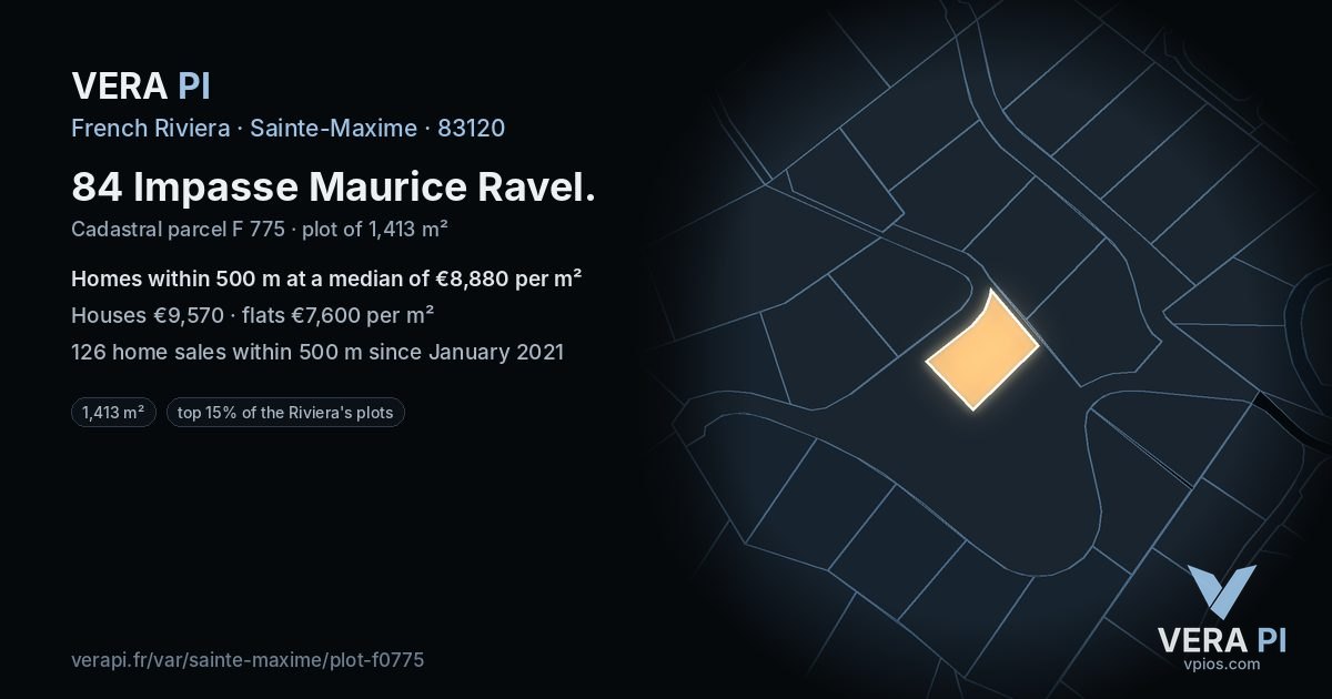 84 Impasse Maurice Ravel, Sainte-Maxime at night – the plot lit, the parcels around coloured by the prices near them